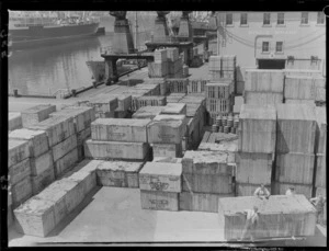 Crates of Vauxhall motorcars and Bedford trucks on King's Wharf, Wellington
