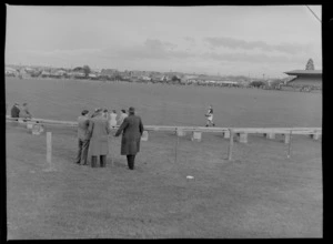 1956 Springbok rugby union football tour, spectators arrive at Athletic Park, Wellington, for the second test match between All Blacks and Springboks