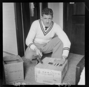 J A du Rand, Springbok rugby union football player on the 1956 tour, sending a parcel home to South Africa