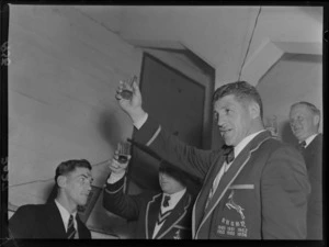 1956 Springbok rugby union football tour, the team celebrates its win over the All Blacks in the second test at Athletic Park, Wellington