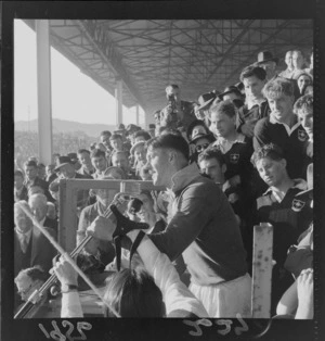 1956 Springbok rugby union football tour, Springbok captain S S Villiers talking to the crowd after the match against New Zealand Universities at Athletic Park, Wellington