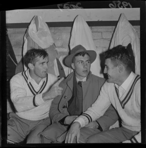 1956 Springbok rugby union football tour, three unidentified players discussing the win over the All Blacks in the second test at Athletic Park, Wellington