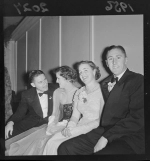 1956 Springbok rugby union football tour, two unidentified Springbok players with two unidentified women at the Trentham Ball, Upper Hutt