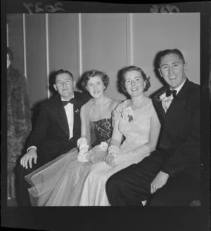 1956 Springbok rugby union football tour, two unidentified Springbok players with two unidentified women at the Trentham Ball, Upper Hutt