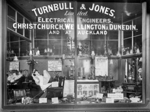 Display of electrical goods in the shop window of Turnbull & Jones Ltd, Christchurch
