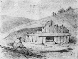 [Swainson, William] 1789-1855 :[Maori figure seated beside kumara pit (?)] [ca 1845]