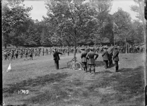 Prime Minister William Massey and Sir Joseph Ward visit the New Zealand Cyclist Battalion in France, World War I