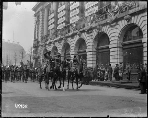 Mounted officers and an Australian military band on parade, London