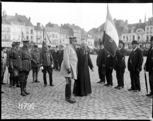 A French general inspects French veterans at the Fete National celebrations, Hazebrouck