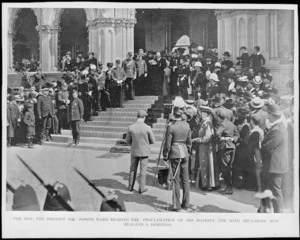 Prime Minister, Joseph Ward, on the steps of the General Assembly Library, Wellington, reading his message at an official ceremony during which New Zealand was proclaimed a dominion