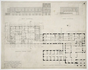 Haughton, Son & Mair, architects :Alterations and additions to Casualty Department, Wellington Hospital, Newtown. Ground floor plan and elevations. [No] 4. 30 Nov 1955