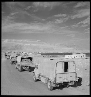 British supply trucks move into Sollum, Egypt, during World War II - Photograph taken by M D Elias