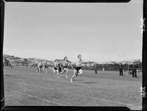 The finishing line of a women's running race during an athletics meet at Hataitai Park, Wellington