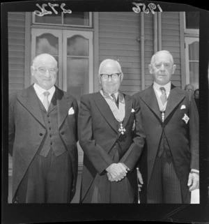 Investiture at Government House, Wellington, including [Mayor?] Robert Macalister, and two other unidentified men