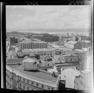 View from New Zealand Dairy Board building, showing Government Buildings, old court precinct and Wellington Railway Station