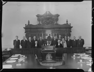 Wellington City Councillors in council chambers, including Mayor Francis (Frank) Joseph Kitts