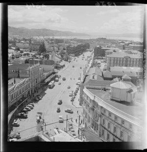 View from New Zealand Dairy Board Building of lower Lambton Quay to Thorndon Quay, with Government Buildings, Magistrates Courts etc