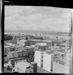 View from New Zealand Dairy Board buildings showing former Supreme Court and wharf area with shipping