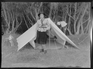 An unidentified woman in front of a tent at the Dominion Camp, Porewa, Rangitikei District