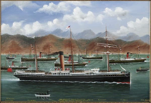 Barnes, Frank, 1859-1941 :SS Waiwera leaving Wellington for the Cape, with the New Zealand Contingent, 21st October [18]99. Escorting steamers returning to port.
