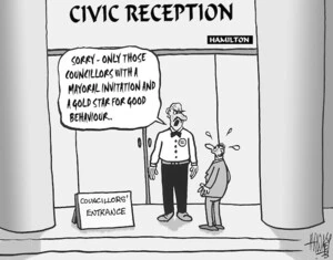 Civic Reception, Hamilton. "Sorry - only those councillors with a mayoral invitation and a gold star for good behaviour. 31 May, 2004.