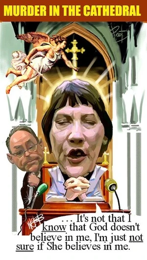 Webb, Murray, 1947-:Helen Clark and Don Brash. Murder in the cathedral. It's not that I know that God doesn't believe in me, I'm just not sure if She believes in me [ca 16 March 2004]