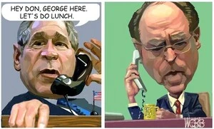 Webb, Murray, 1947- :George W. Bush and Don Brash. Hey Don, George here. Let's do lunch. [ca 15 May 2004].