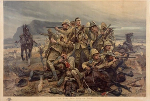 Woodville, Richard Caton, 1856-1927 :All that was left of them. A stirring incident of the late South African War. At Modderfontein on September the 17th, 1901, the C Squadron of the 17th Lancers were suprised and surrounded ... / R. Caton Woodville. [London?] Gilbert Whitehead & Co. Ltd, New Eltham, 1902.