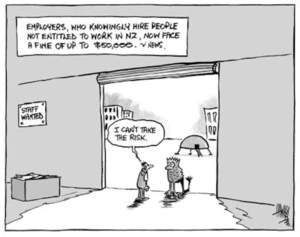 Employers who knowingly hire people not entitled to work in New Zealand, now face a fine of up to $50,000. - News. "I can't take the risk." 18 June, 2003.