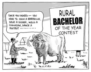 Rural BACHELOR of the year contest. "Since you asked - you have to cook a barbecue, drive a digger, wield a chainsaw, dance a foxtrot........" 2 June, 2003.