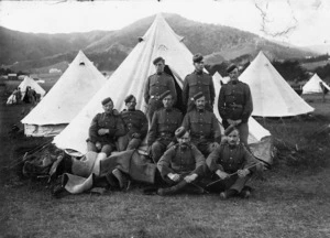 Members of the Alexandra Mounted Rifles, at Campbell's Farm, Karori, before leaving for the South African War