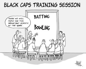 Hawkey, Allan Charles, 1941-:Black Caps training session. Waikato Times 23 November 2004.