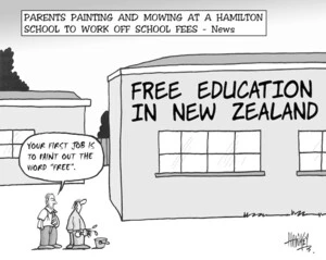 Hawkey, Allan Charles, 1941-:Parents painting and mowing at a Hamilton School to work off school fees- News. Waikato Times, 29 October 2004.