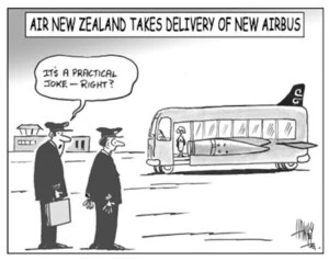 Air New Zealand takes delivery of new airbus. "It's a practical joke - right?" 22 September, 2003.
