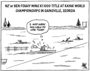 NZ'er Ben Fouhy wins K1 1000 title at Kayak World Championships in Gainsville, Georgia. "I must hurry and check my lotto ticket." 13 September, 2003.