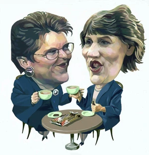 Webb, Murray 1947-:Jenny Shipley and Helen Clark "chit-chatting" (circa 1997-1999).