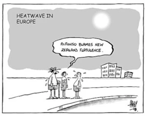 Heatwave in Europe. "Alfonso blames New Zealand flatulence." 11 August, 2003.