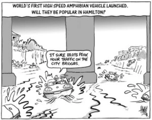 World's first high speed amphibian vehicle launched. Will they be popular in Hamilton? "It sure beats peak hour traffic on the city bridges." 5 September, 2003.