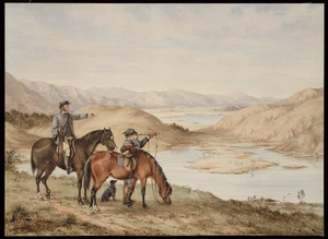 Barraud, Charles Decimus, 1822-1897 :[Two men overlooking Te Aute Lake Hawkes Bay] 1865.