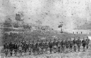 Mundy, Daniel Louis, 1826-1881: Photograph of Captain Mair's Flying Column returning after the fight with Te Kooti at redoubt at Kaiterira, Lake Rotokakahi