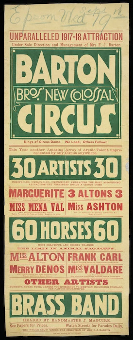 Barton Bro[ther]s' New Colossal Circus; Unparalleled 1917-18 attraction. 30 artists; 60 horses, Brass band. [1917].
