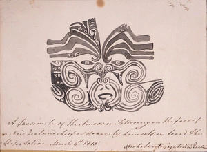 [Te Morenga] fl 1815-1830s :A facsimile of the Amoco or tattooing on the face of a New Zealand chief as drawn by himself on board the ship Active, March 9th 1815