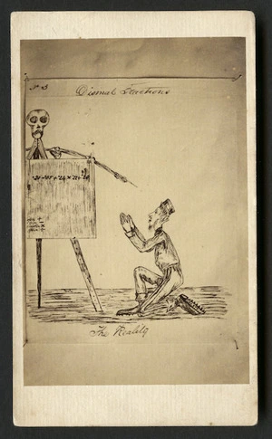 Cobb, J V fl 1860s : Photographic copy of cartoon 'No 3. Decimal Fractions. The Reality'