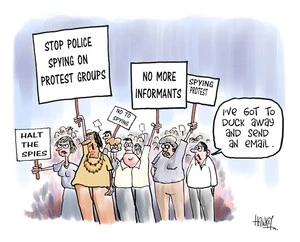 "I've got to duck away and send an email." 'Stop police spying on protest groups.' 'No more informants.' 16 December, 2008.