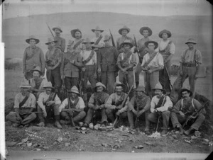 Group portrait of a contingent of New Zealand Mounted Rifle soldiers, sent to serve in the South African War