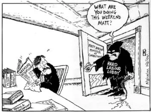 "What are you doing this weekend Matt?" Matt Robson, Minister of Corrections. Hard Labour Lobby. Sunday News, 22 October 2000