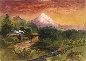 [Fox, William] 1812-1893 :[Mount Egmont, with train crossing bridge in foreground. ca 1880]
