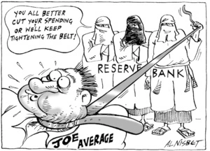 "You all better cut your spending OR we'll keep tightening the belt!" RESERVE BANK. JOE AVERAGE. 3 August, 2004