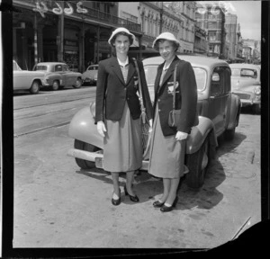 Two unidentified female New Zealand Olympic Team members in uniform, Wellington