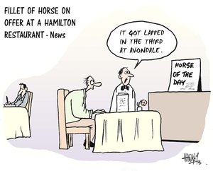 Hawkey, Allan Charles, 1941-:Fillet of horse on offer at a Hamilton restaurant - News. Waikato Times. 14 July 2005.
